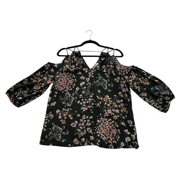 Skies Are Blue Floral Cold Shoulder Top Size M Forest Green 3/4 Sleeves Boho - Picture 3 of 8